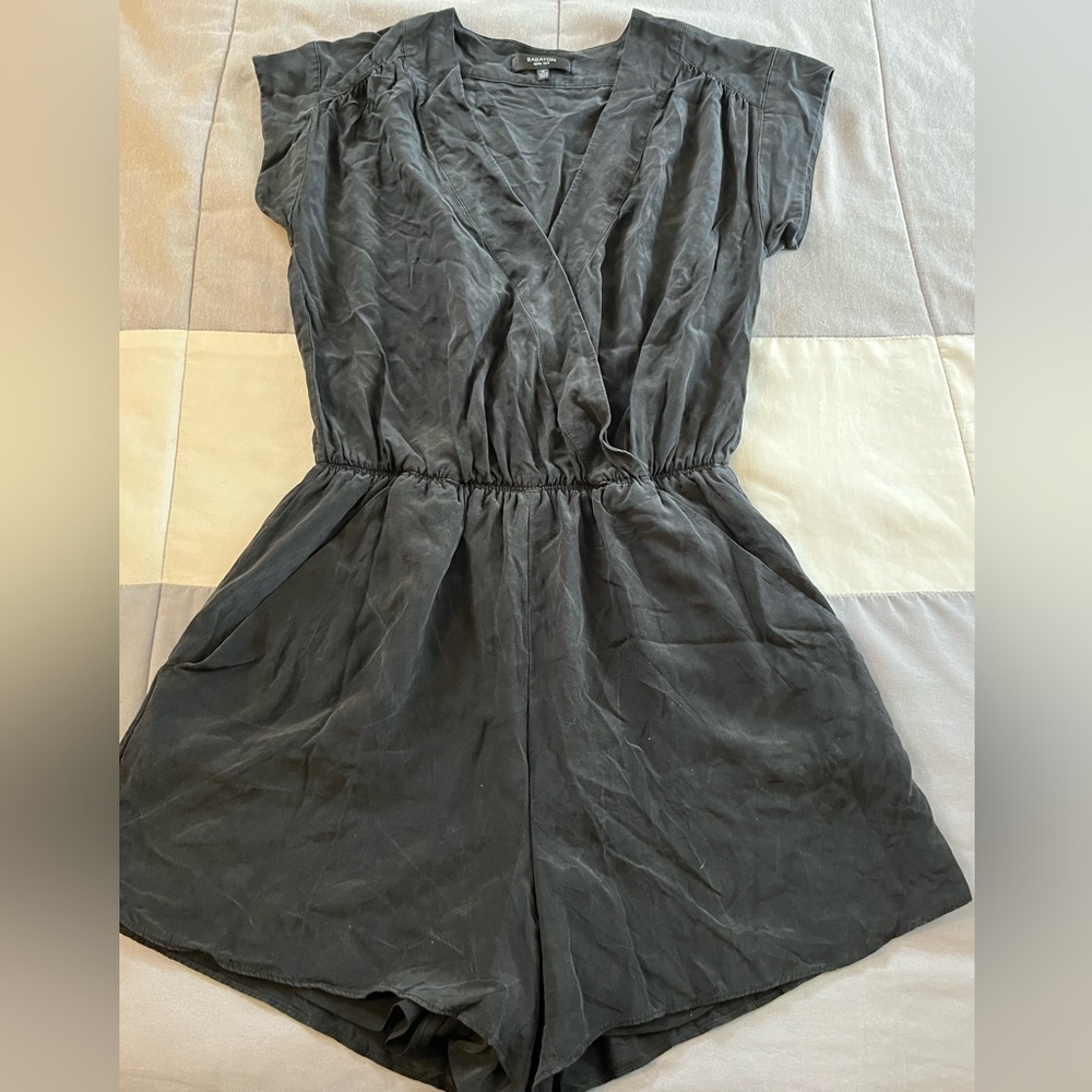 BABATON Corbett Short Sleeve Black Silk Romper, XS